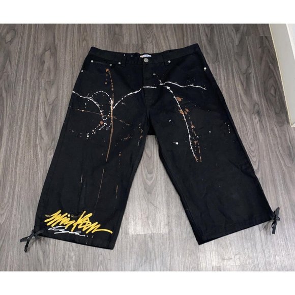 Miskeen Jet Black Hand Painted Gold White Grey Denim Capri Short Men's Size 42 - Picture 1 of 4